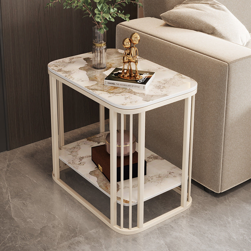Contemporary Nordic Rounded-Edge Stone Slab Carbon Steel End Table 2-Tier For Living Room