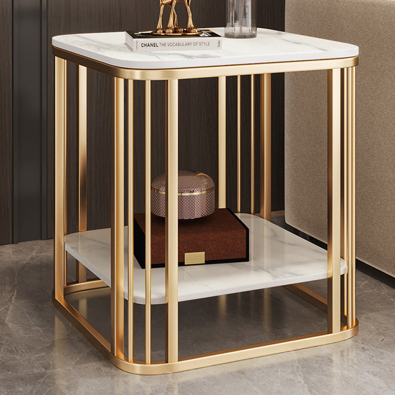 Contemporary Nordic Rounded-Edge Stone Slab Carbon Steel End Table 2-Tier For Living Room