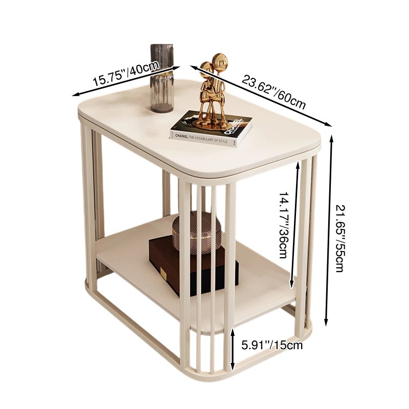 Contemporary Nordic Rounded-Edge Stone Slab Carbon Steel End Table 2-Tier For Living Room
