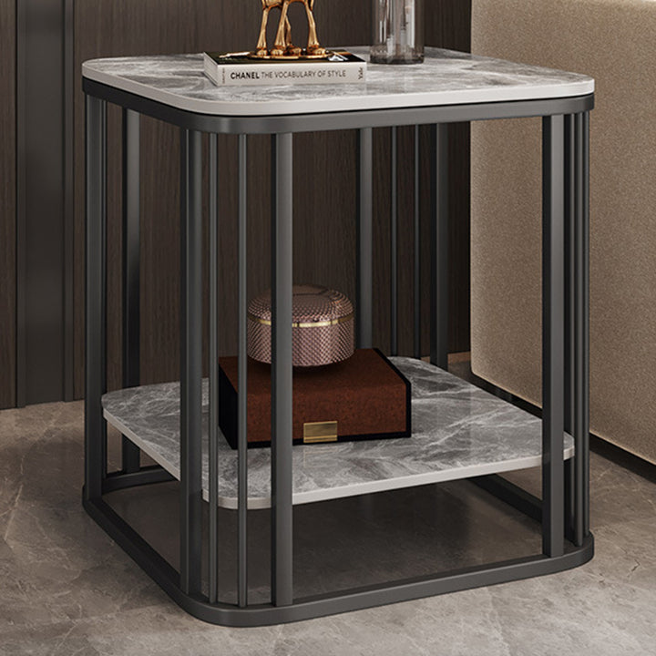Contemporary Nordic Rounded-Edge Stone Slab Carbon Steel End Table 2-Tier For Living Room