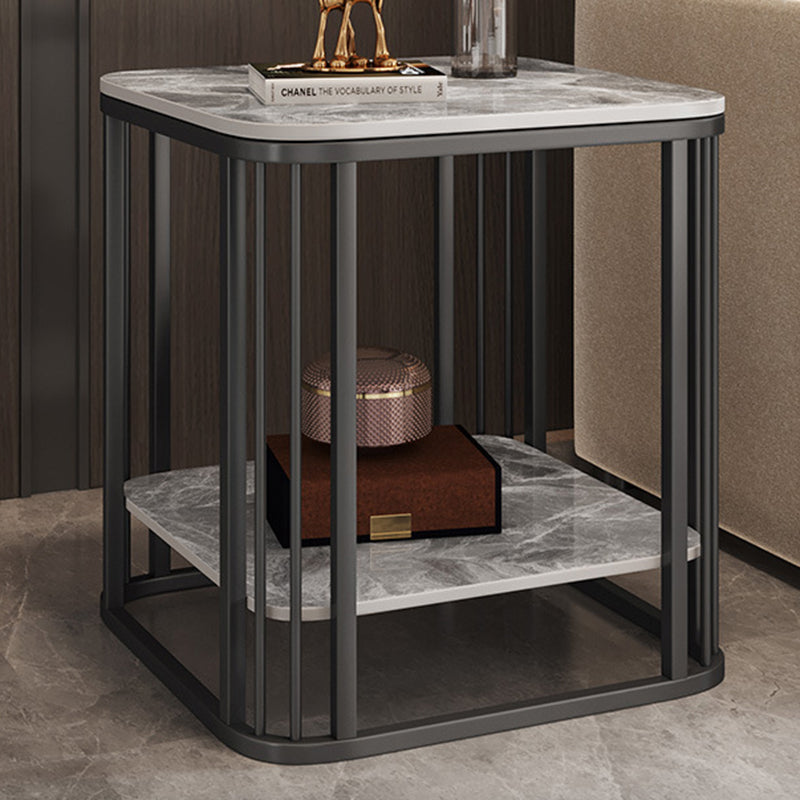 Contemporary Nordic Rounded-Edge Stone Slab Carbon Steel End Table 2-Tier For Living Room