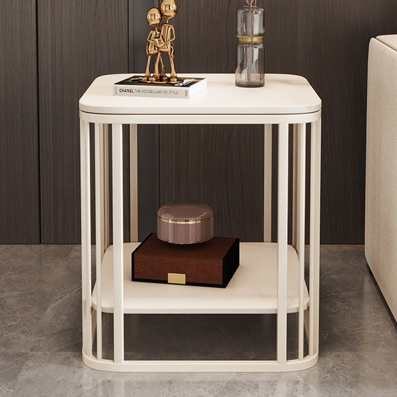 Contemporary Nordic Rounded-Edge Stone Slab Carbon Steel End Table 2-Tier For Living Room