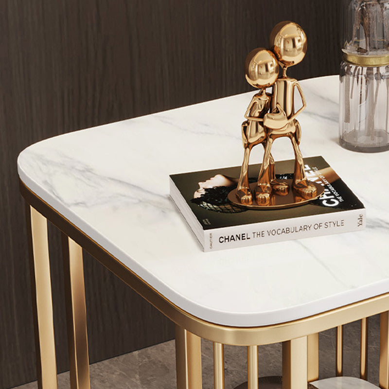 Contemporary Nordic Rounded-Edge Stone Slab Carbon Steel End Table 2-Tier For Living Room