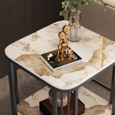 Contemporary Nordic Rounded-Edge Stone Slab Carbon Steel End Table 2-Tier For Living Room