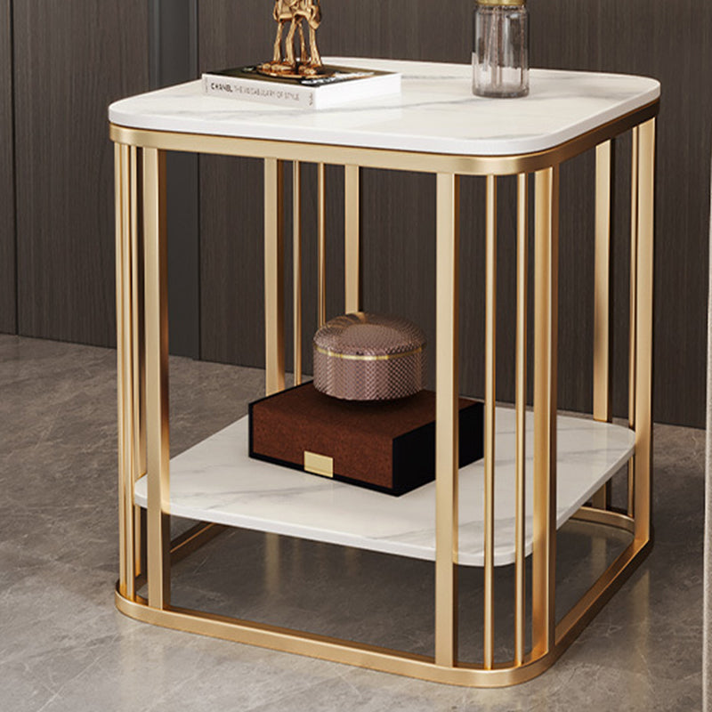 Contemporary Nordic Rounded-Edge Stone Slab Carbon Steel End Table 2-Tier For Living Room