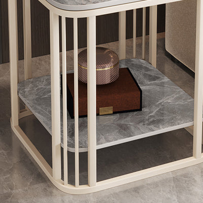 Contemporary Nordic Rounded-Edge Stone Slab Carbon Steel End Table 2-Tier For Living Room