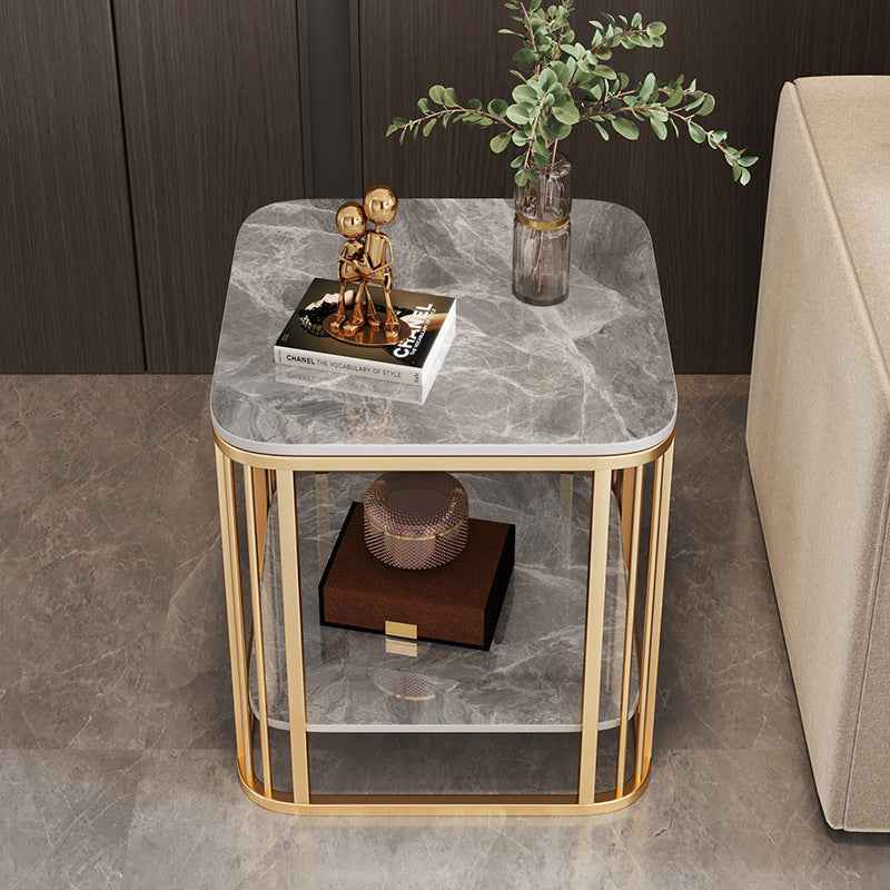 Contemporary Nordic Rounded-Edge Stone Slab Carbon Steel End Table 2-Tier For Living Room