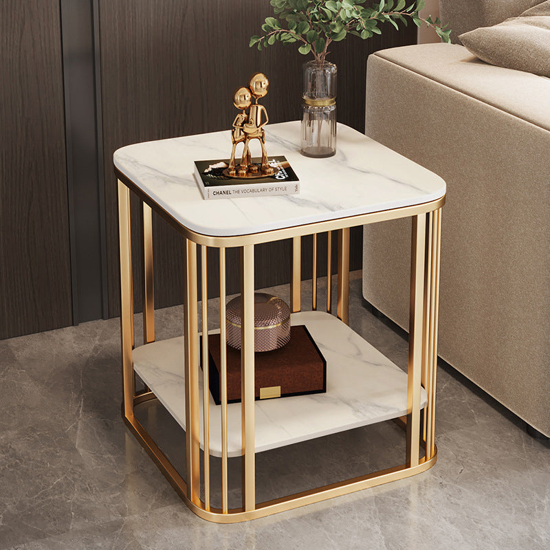 Contemporary Nordic Rounded-Edge Stone Slab Carbon Steel End Table 2-Tier For Living Room