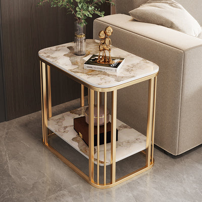Contemporary Nordic Rounded-Edge Stone Slab Carbon Steel End Table 2-Tier For Living Room
