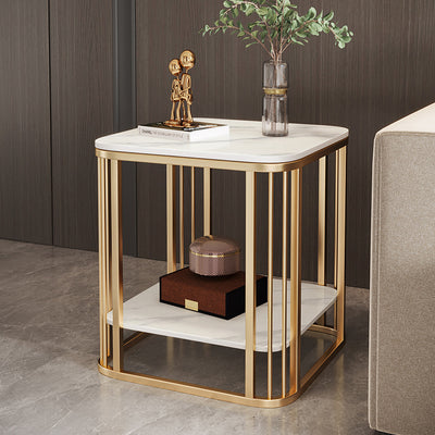 Contemporary Nordic Rounded-Edge Stone Slab Carbon Steel End Table 2-Tier For Living Room