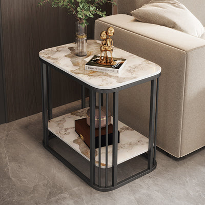 Contemporary Nordic Rounded-Edge Stone Slab Carbon Steel End Table 2-Tier For Living Room