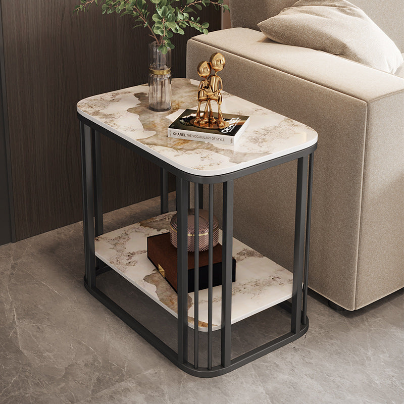 Contemporary Nordic Rounded-Edge Stone Slab Carbon Steel End Table 2-Tier For Living Room