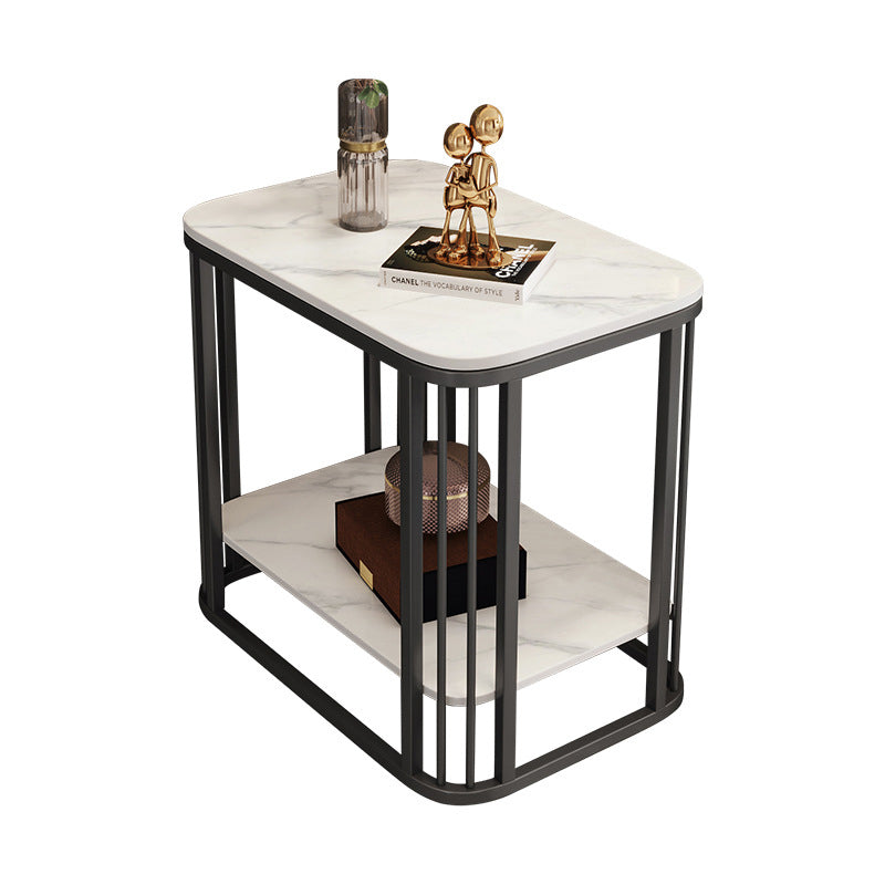 Contemporary Nordic Rounded-Edge Stone Slab Carbon Steel End Table 2-Tier For Living Room