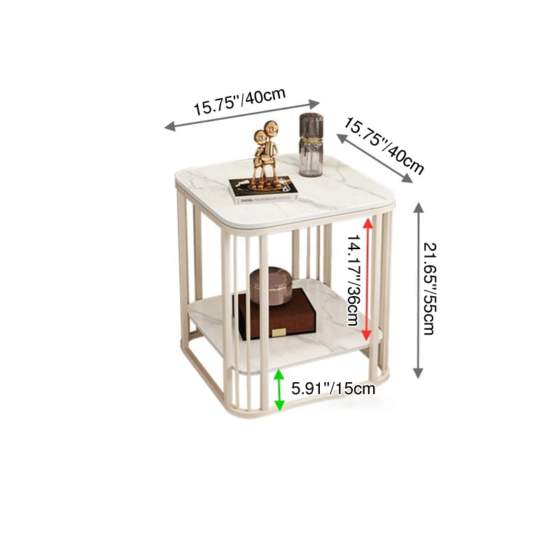 Contemporary Nordic Rounded-Edge Stone Slab Carbon Steel End Table 2-Tier For Living Room