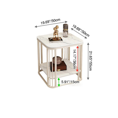 Contemporary Nordic Rounded-Edge Stone Slab Carbon Steel End Table 2-Tier For Living Room