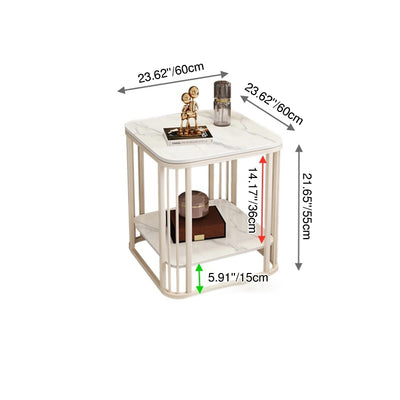 Contemporary Nordic Rounded-Edge Stone Slab Carbon Steel End Table 2-Tier For Living Room
