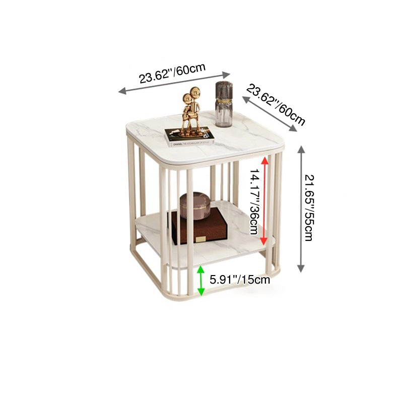 Contemporary Nordic Rounded-Edge Stone Slab Carbon Steel End Table 2-Tier For Living Room