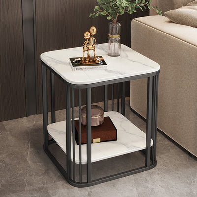 Contemporary Nordic Rounded-Edge Stone Slab Carbon Steel End Table 2-Tier For Living Room