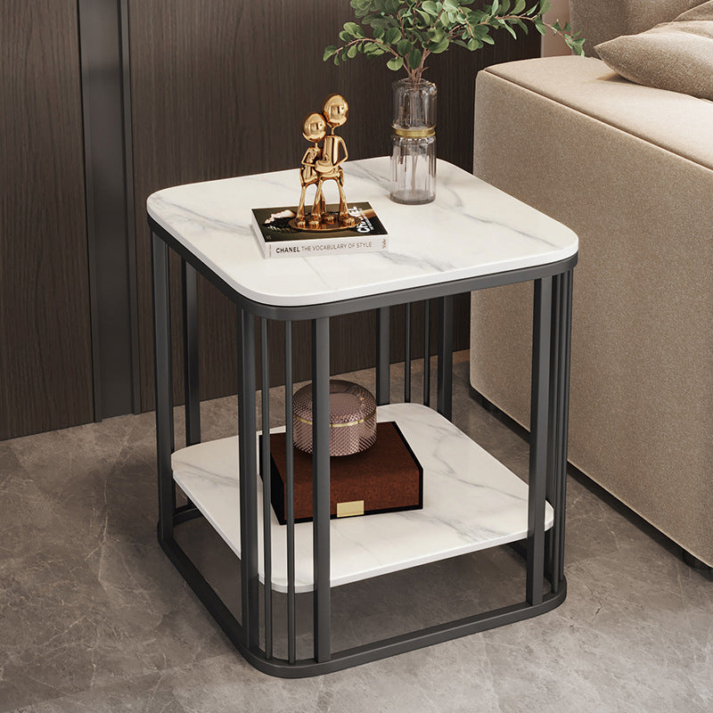 Contemporary Nordic Rounded-Edge Stone Slab Carbon Steel End Table 2-Tier For Living Room