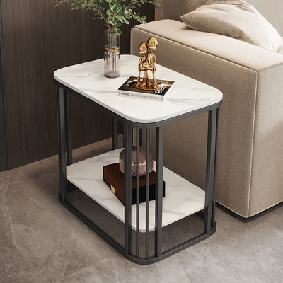 Contemporary Nordic Rounded-Edge Stone Slab Carbon Steel End Table 2-Tier For Living Room