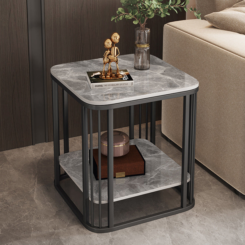 Contemporary Nordic Rounded-Edge Stone Slab Carbon Steel End Table 2-Tier For Living Room