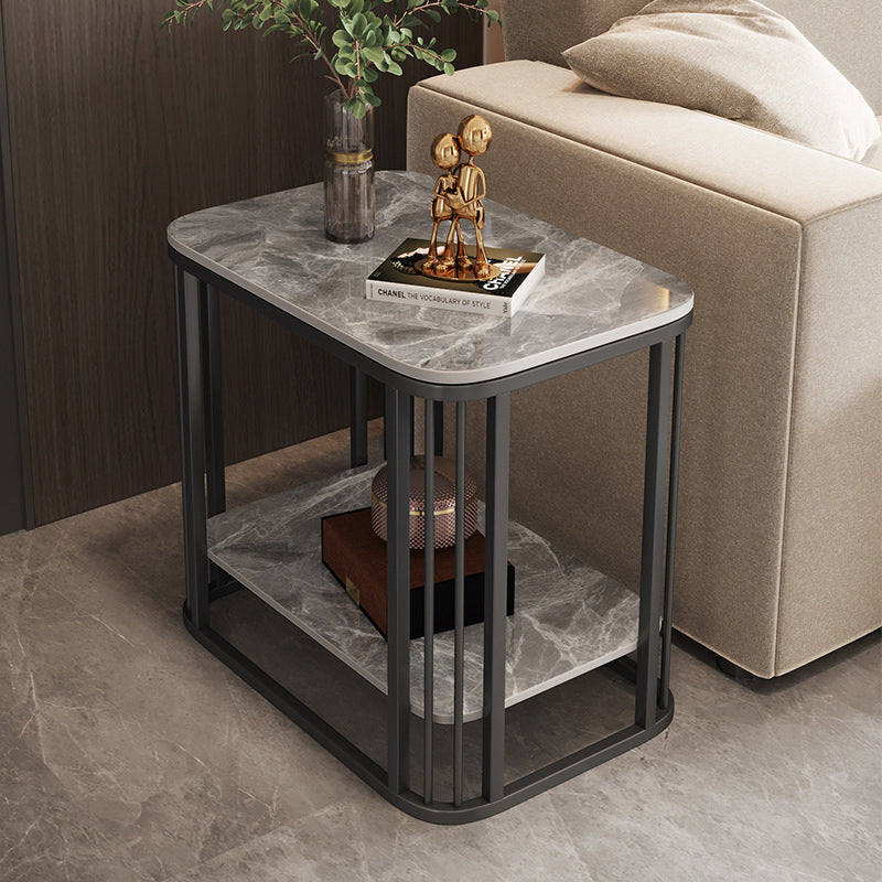 Contemporary Nordic Rounded-Edge Stone Slab Carbon Steel End Table 2-Tier For Living Room