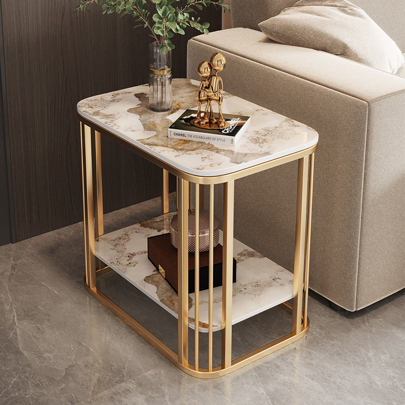 Contemporary Nordic Rounded-Edge Stone Slab Carbon Steel End Table 2-Tier For Living Room