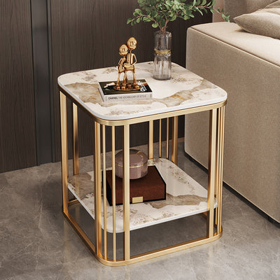 Contemporary Nordic Rounded-Edge Stone Slab Carbon Steel End Table 2-Tier For Living Room