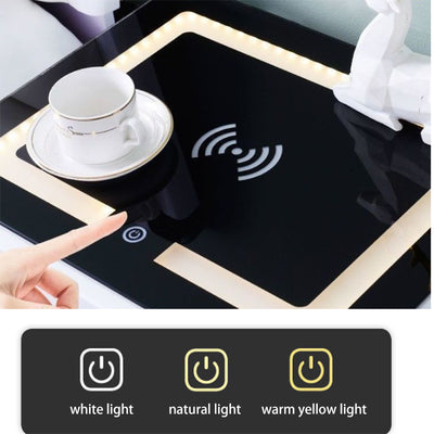 Modern Minimalist Rectangular Rounded-Corner Tempered Glass MDF Panel Nightstand With LED Light 3-Drawer For Bedroom