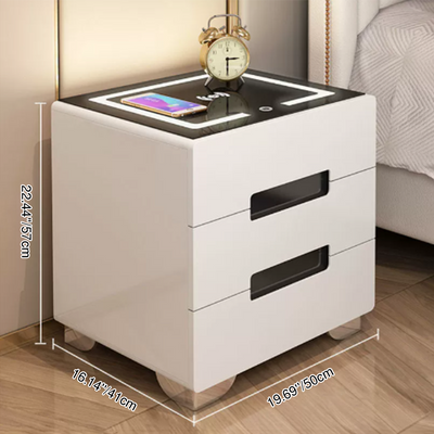 Modern Minimalist Rectangular Rounded-Corner Tempered Glass MDF Panel Nightstand With LED Light 3-Drawer For Bedroom