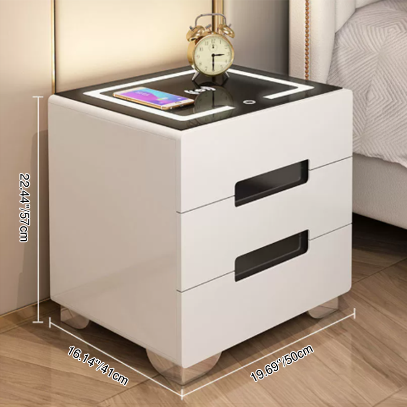Modern Minimalist Rectangular Rounded-Corner Tempered Glass MDF Panel Nightstand With LED Light 3-Drawer For Bedroom