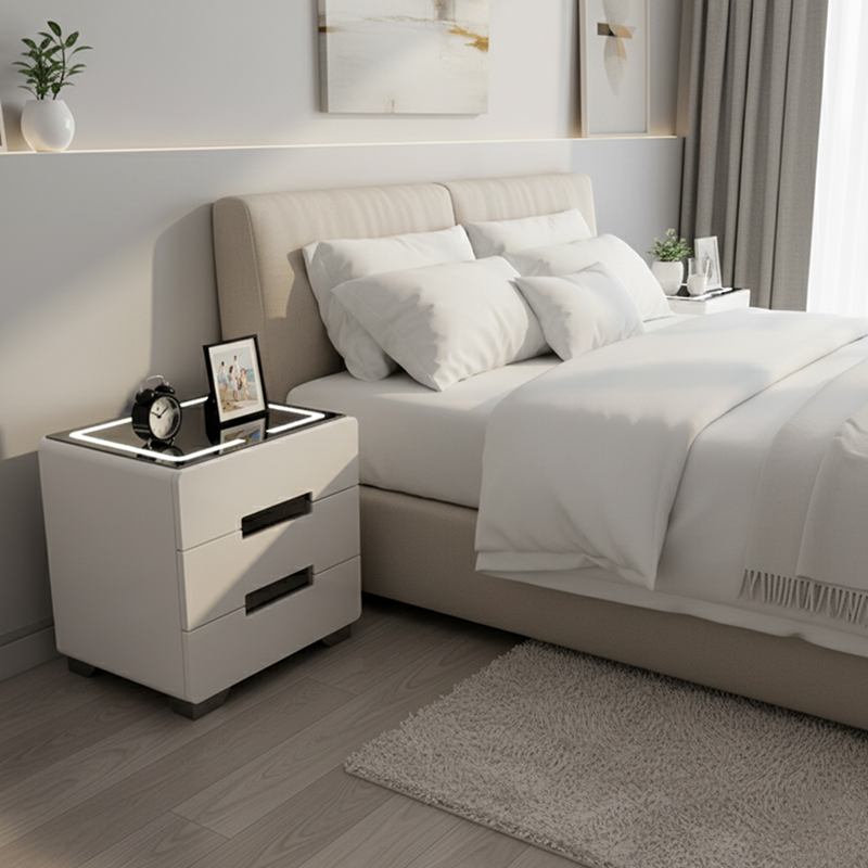 Modern Minimalist Rectangular Rounded-Corner Tempered Glass MDF Panel Nightstand With LED Light 3-Drawer For Bedroom