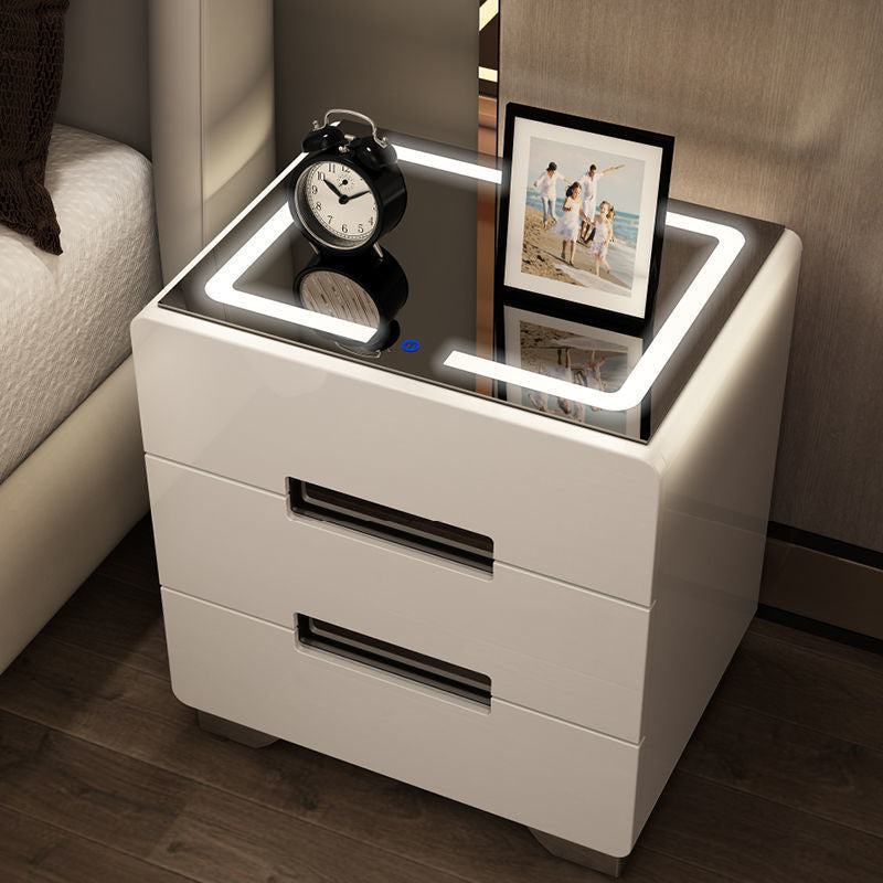 Modern Minimalist Rectangular Rounded-Corner Tempered Glass MDF Panel Nightstand With LED Light 3-Drawer For Bedroom
