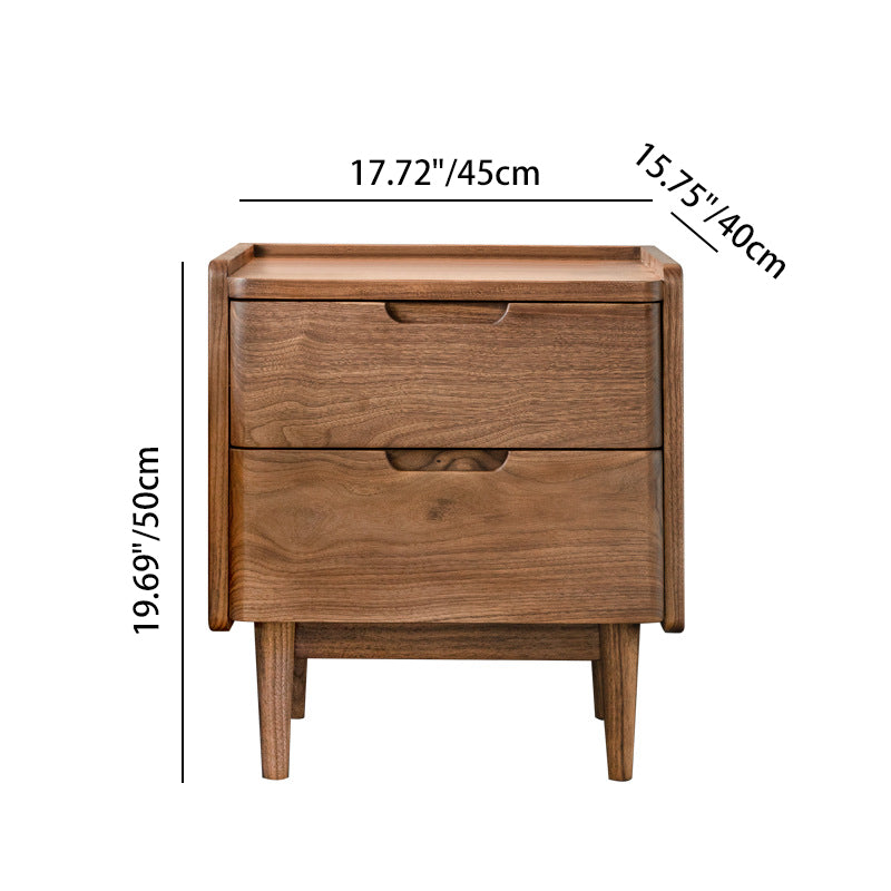 Table de chevet en bois massif de noyer à 2 tiroirs, design japonais traditionnel à coins arrondis, pour chambre à coucher 