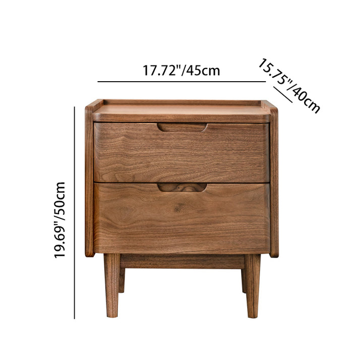 Table de chevet en bois massif de noyer à 2 tiroirs, design japonais traditionnel à coins arrondis, pour chambre à coucher 