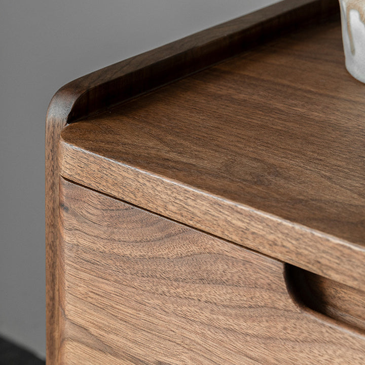 Table de chevet en bois massif de noyer à 2 tiroirs, design japonais traditionnel à coins arrondis, pour chambre à coucher 