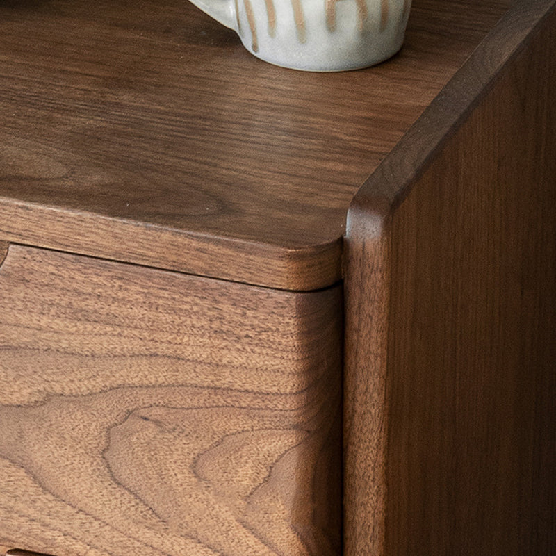 Traditional Japanese Rounded Corner Design Solid Walnut Wood Nightstand 2-Drawer For Bedroom