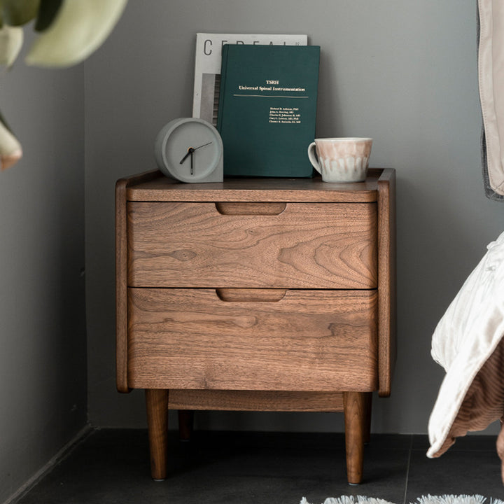 Table de chevet en bois massif de noyer à 2 tiroirs, design japonais traditionnel à coins arrondis, pour chambre à coucher 