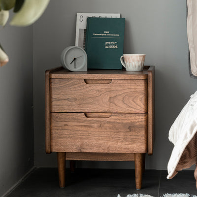 Traditional Japanese Rounded Corner Design Solid Walnut Wood Nightstand 2-Drawer For Bedroom