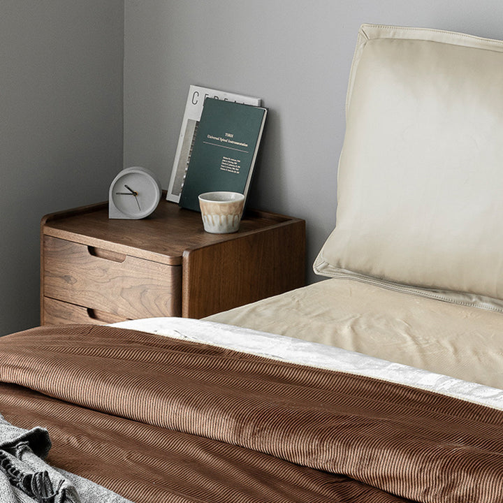Table de chevet en bois massif de noyer à 2 tiroirs, design japonais traditionnel à coins arrondis, pour chambre à coucher 