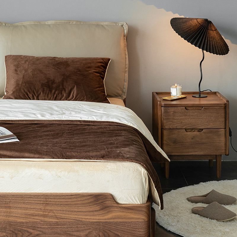 Table de chevet en bois massif de noyer à 2 tiroirs, design japonais traditionnel à coins arrondis, pour chambre à coucher 