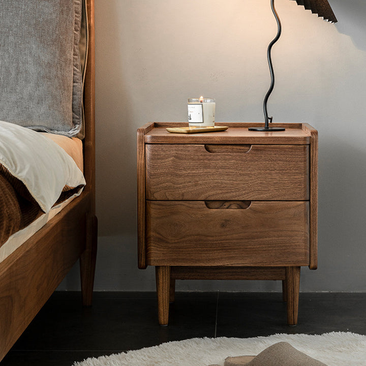 Table de chevet en bois massif de noyer à 2 tiroirs, design japonais traditionnel à coins arrondis, pour chambre à coucher 