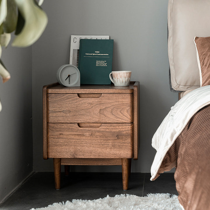 Table de chevet en bois massif de noyer à 2 tiroirs, design japonais traditionnel à coins arrondis, pour chambre à coucher 