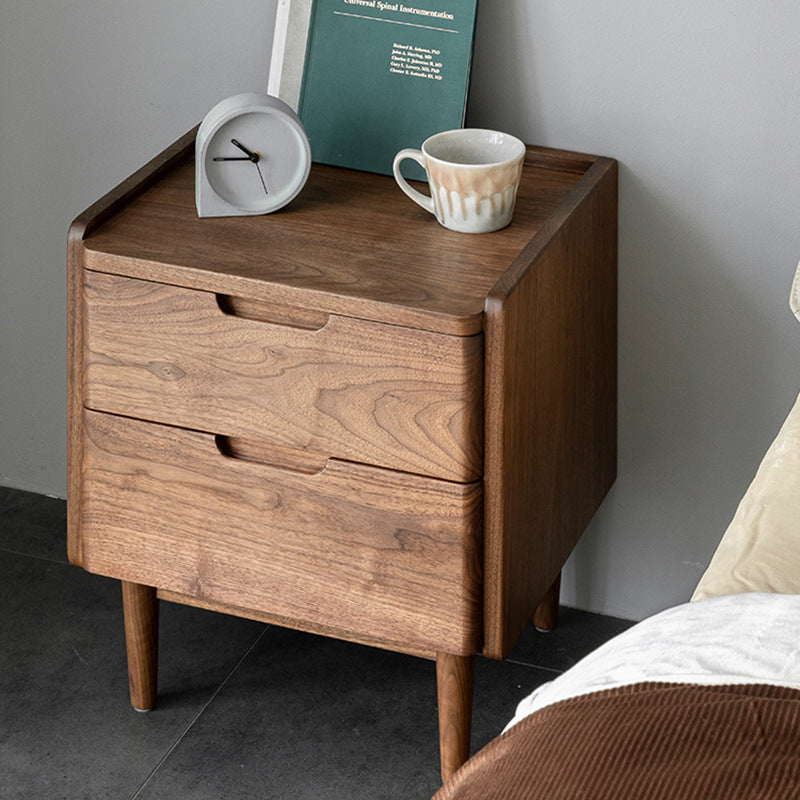 Table de chevet en bois massif de noyer à 2 tiroirs, design japonais traditionnel à coins arrondis, pour chambre à coucher 