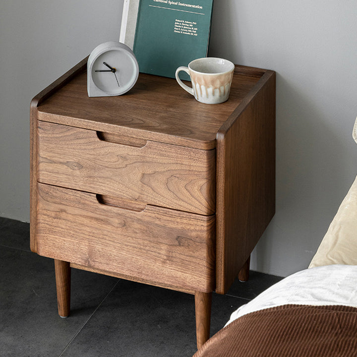 Table de chevet en bois massif de noyer à 2 tiroirs, design japonais traditionnel à coins arrondis, pour chambre à coucher 