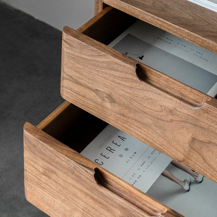 Table de chevet en bois massif de noyer à 2 tiroirs, design japonais traditionnel à coins arrondis, pour chambre à coucher 
