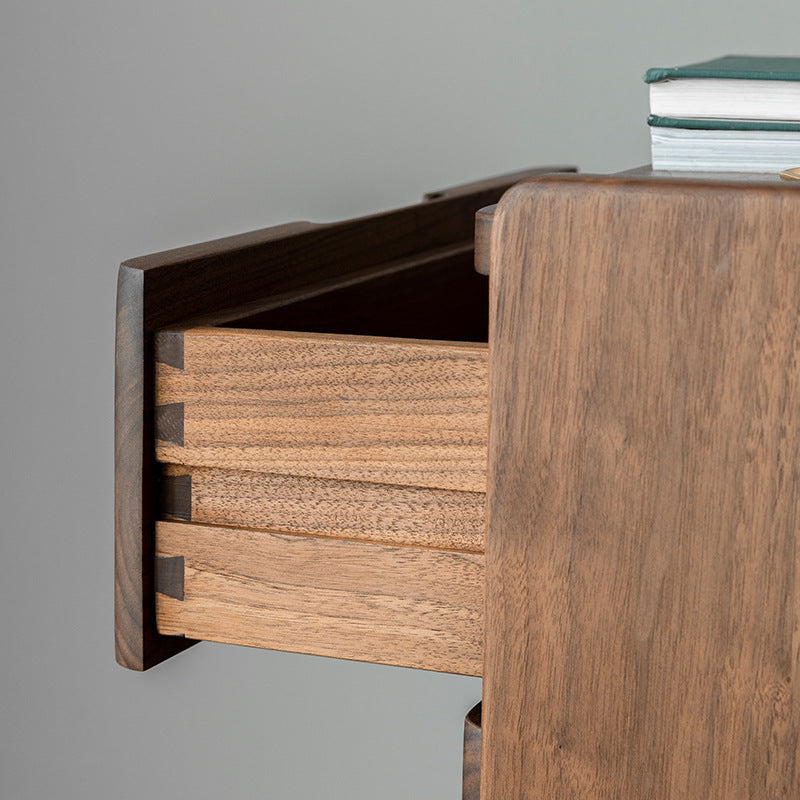 Table de chevet en bois massif de noyer à 2 tiroirs, design japonais traditionnel à coins arrondis, pour chambre à coucher 