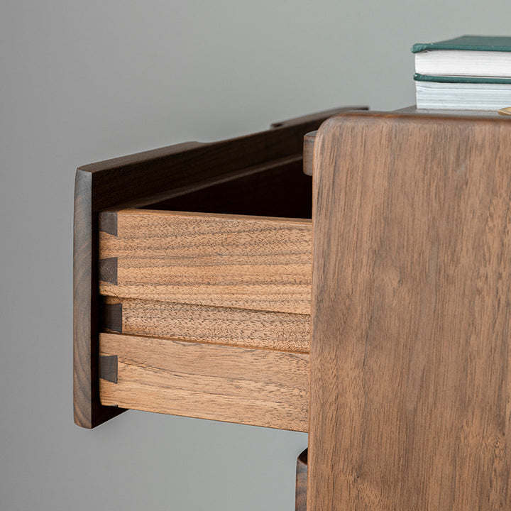 Table de chevet en bois massif de noyer à 2 tiroirs, design japonais traditionnel à coins arrondis, pour chambre à coucher 