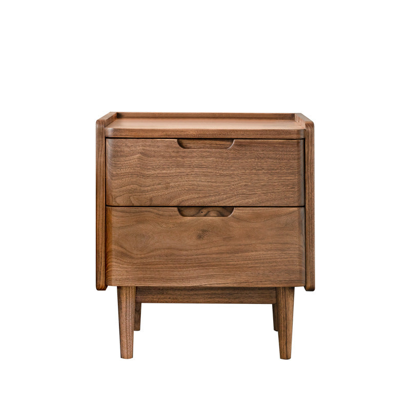 Table de chevet en bois massif de noyer à 2 tiroirs, design japonais traditionnel à coins arrondis, pour chambre à coucher 
