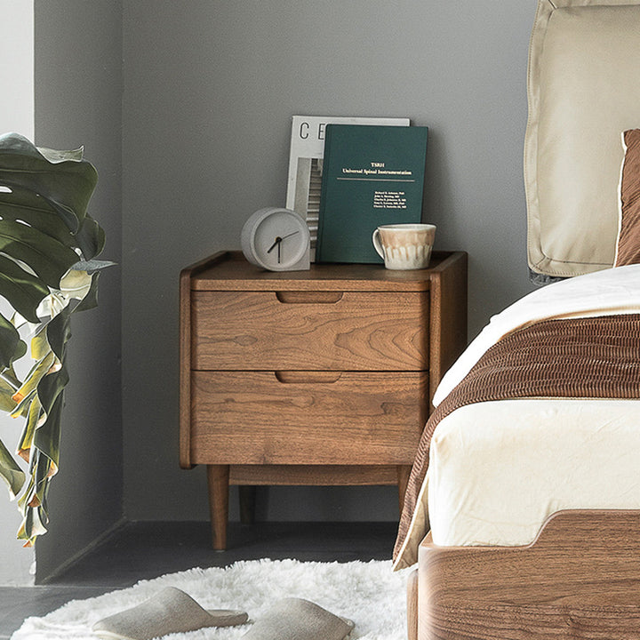 Table de chevet en bois massif de noyer à 2 tiroirs, design japonais traditionnel à coins arrondis, pour chambre à coucher 